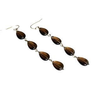 Pierced earrings long beaded tassels drop & dangle style goldtone & smoky brown